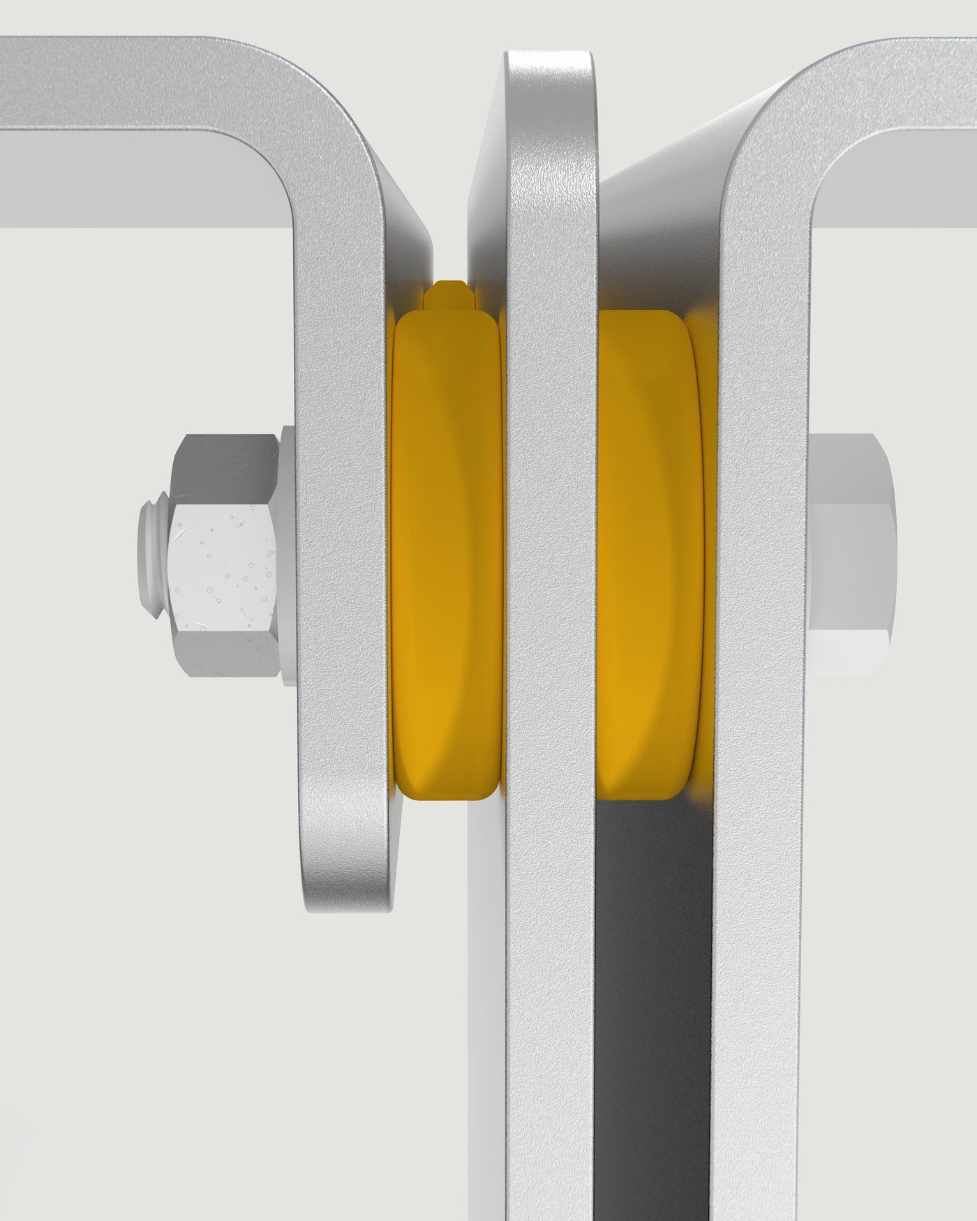 Close-up of the silicone bushing stack and M8 hardware between folded aluminum panels