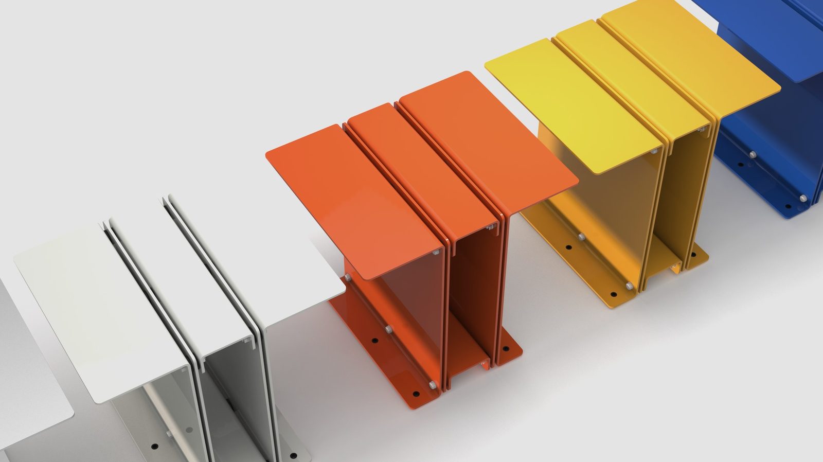 3082 Book Table in white, orange, yellow and blue powder coat, lined up