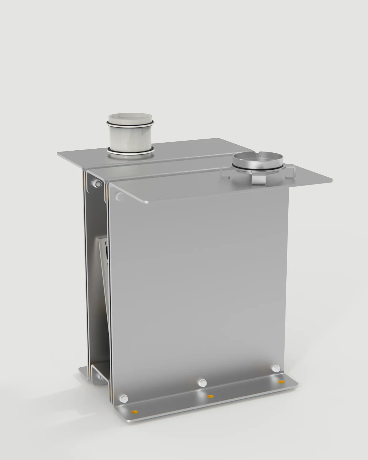 3082 Book Table in raw aluminum, holding a magazine, a mug and an ashtray