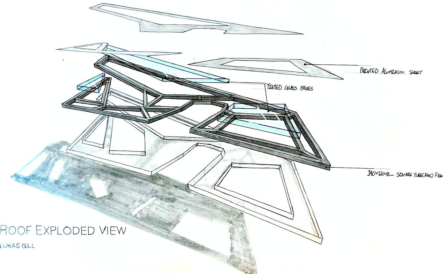 Bus shelter · roof exploded, ball point + alcohol marker