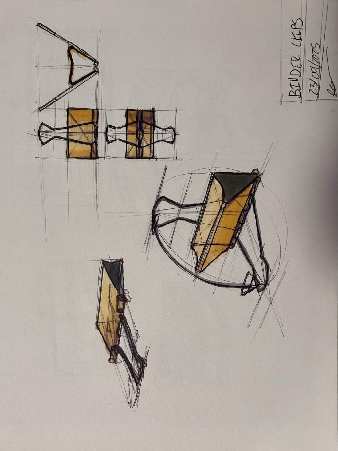 Sketchbook page: Binder clips, ball point pen and alcohol marker