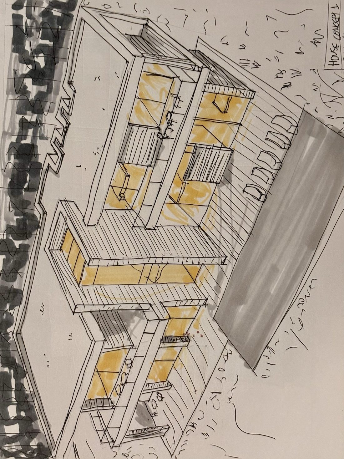Sketchbook page: House concept, ball point pen and alcohol marker