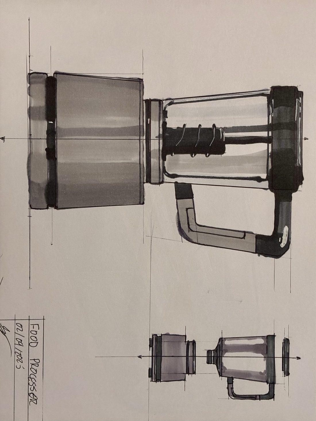 Sketchbook page: Food processor, ball point pen and alcohol marker