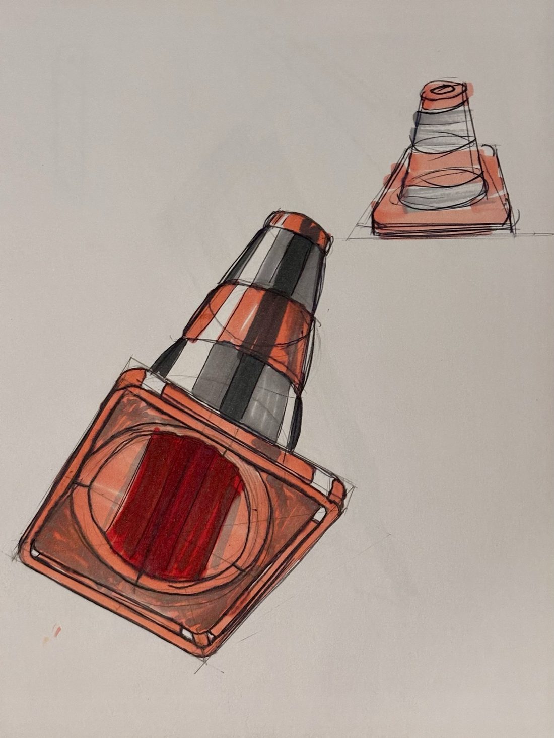 Sketchbook page: Traffic cone, ball point pen and alcohol marker