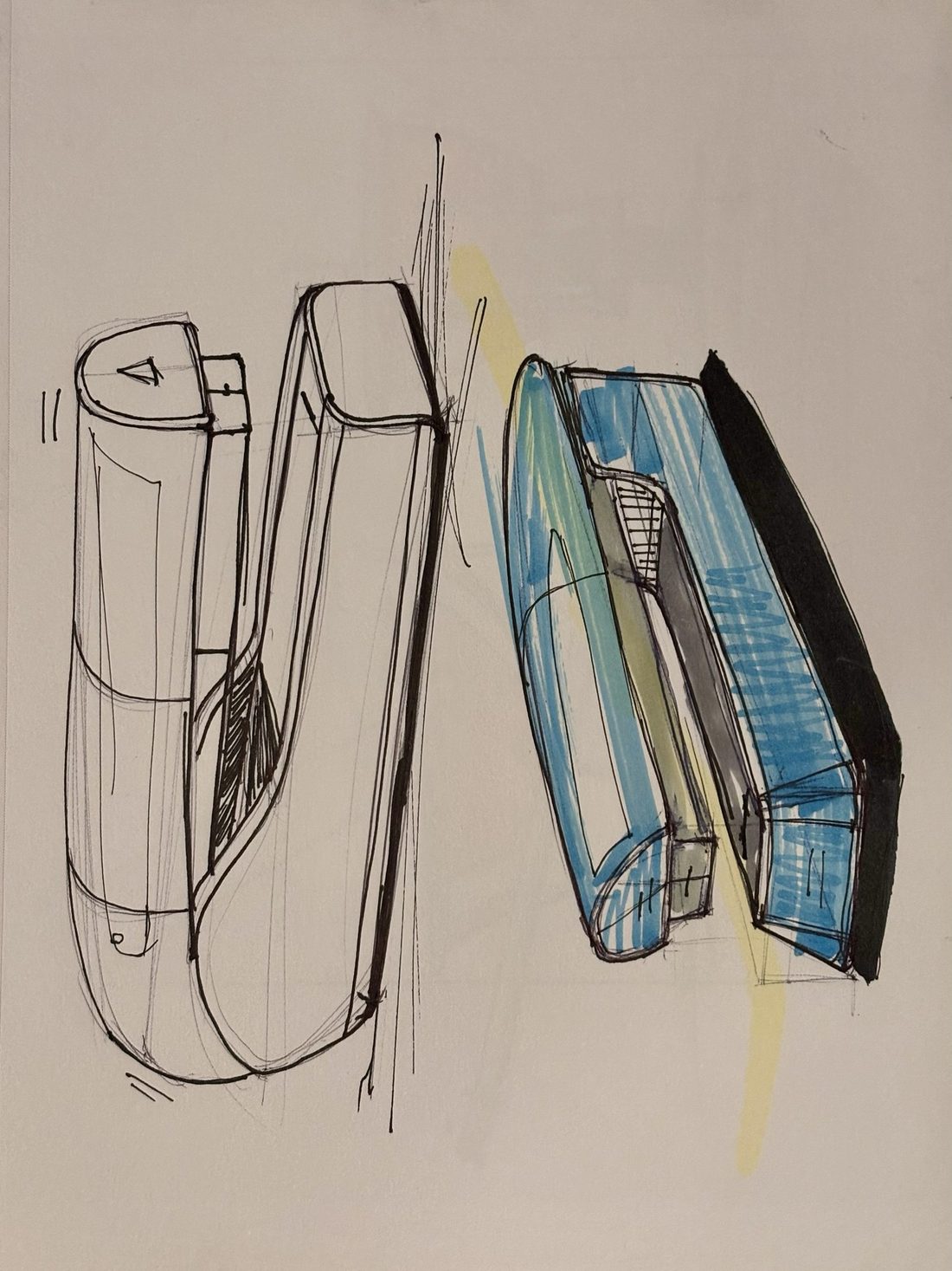 Sketchbook page: Optics · binoculars, ball point pen and alcohol marker