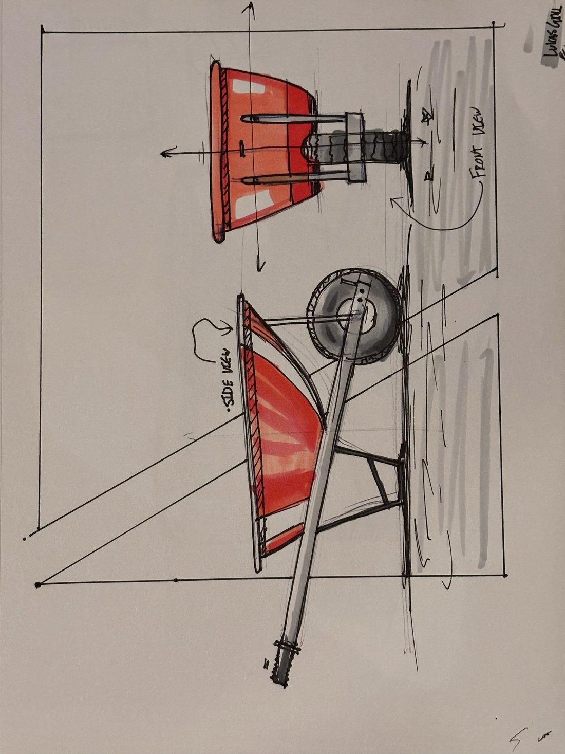 Sketchbook page: Wheelbarrow, ball point pen and alcohol marker
