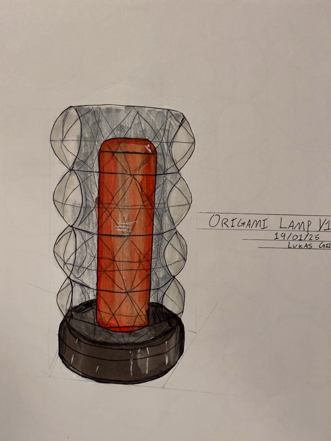 Sketchbook page: Origami lamp concept, ball point pen and alcohol marker