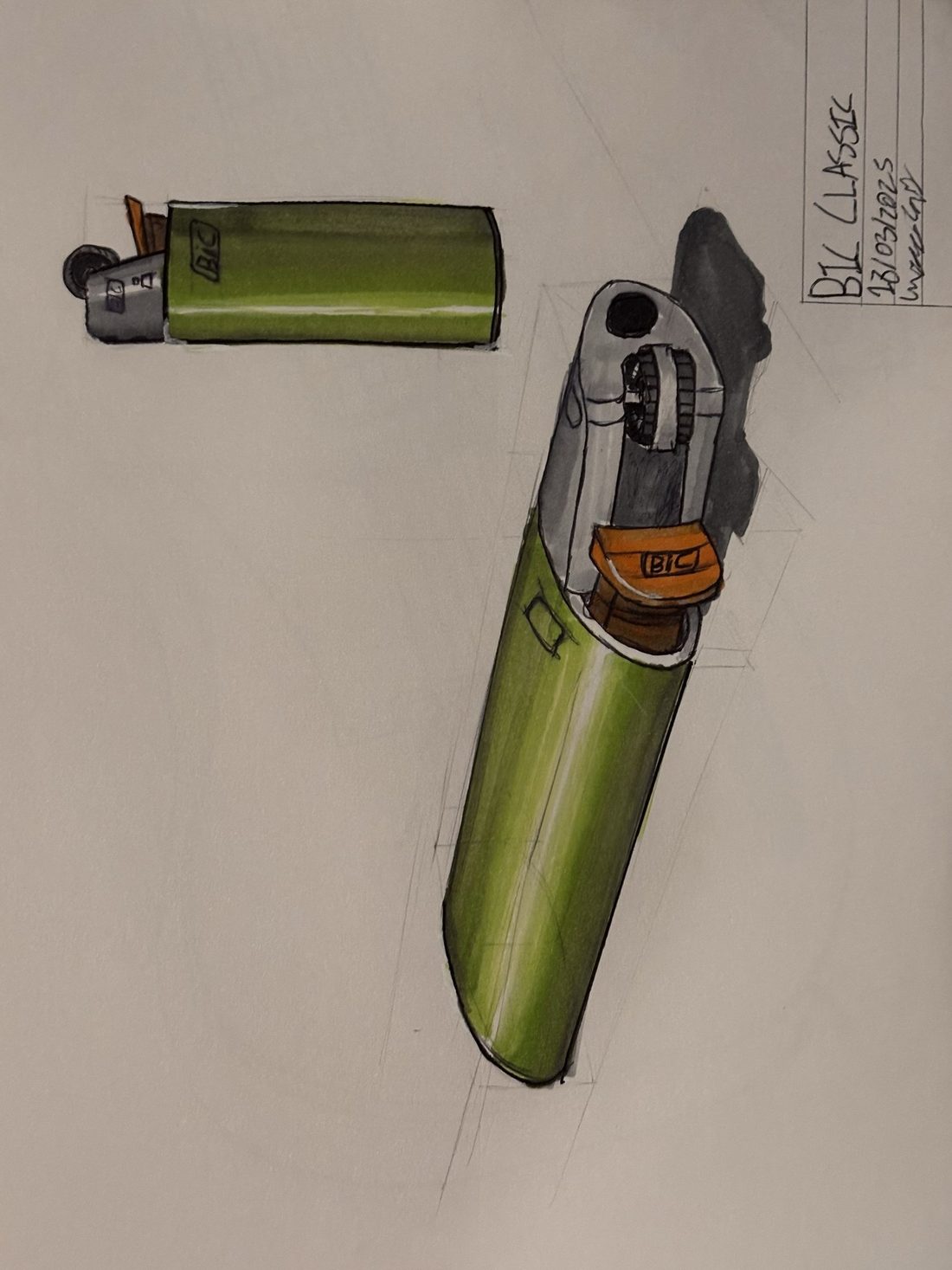 Sketchbook page: Lighter, ball point pen and alcohol marker