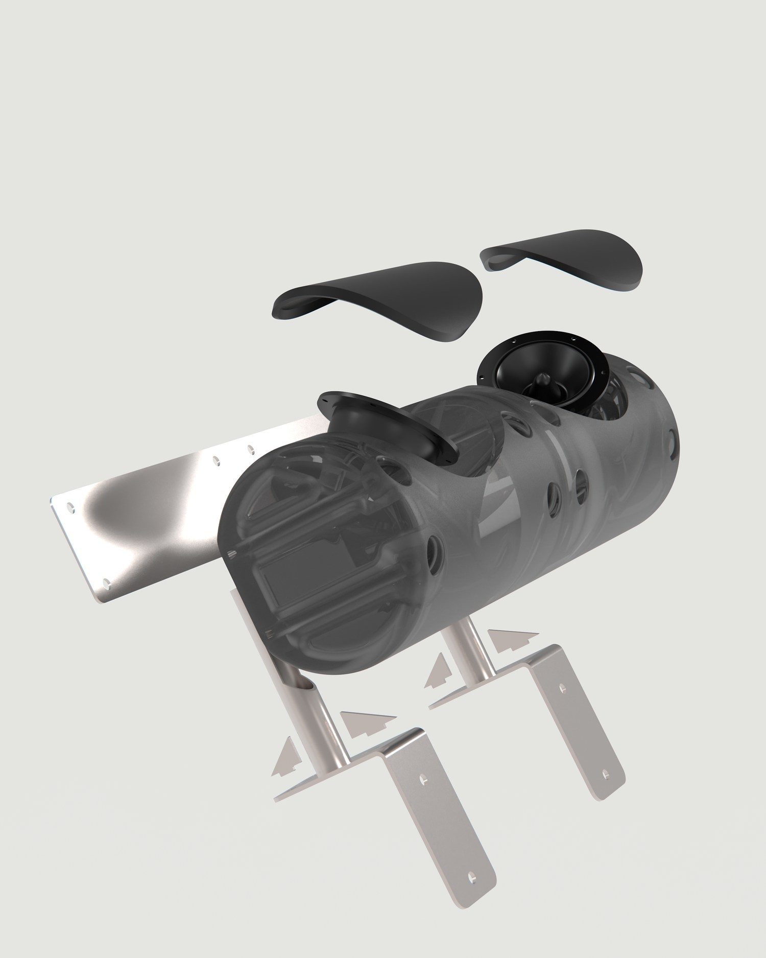 Exploded view of the neckrest: printed enclosure, drivers and stainless bracketry