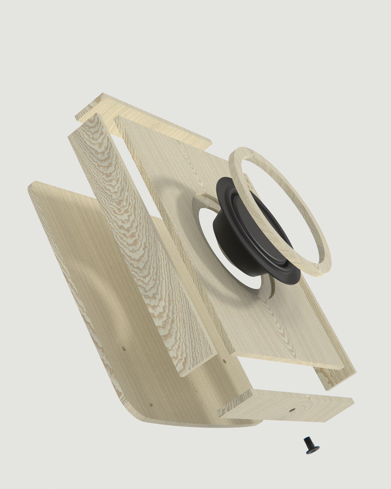 Exploded view of the Baltic birch backrest enclosure and subwoofer