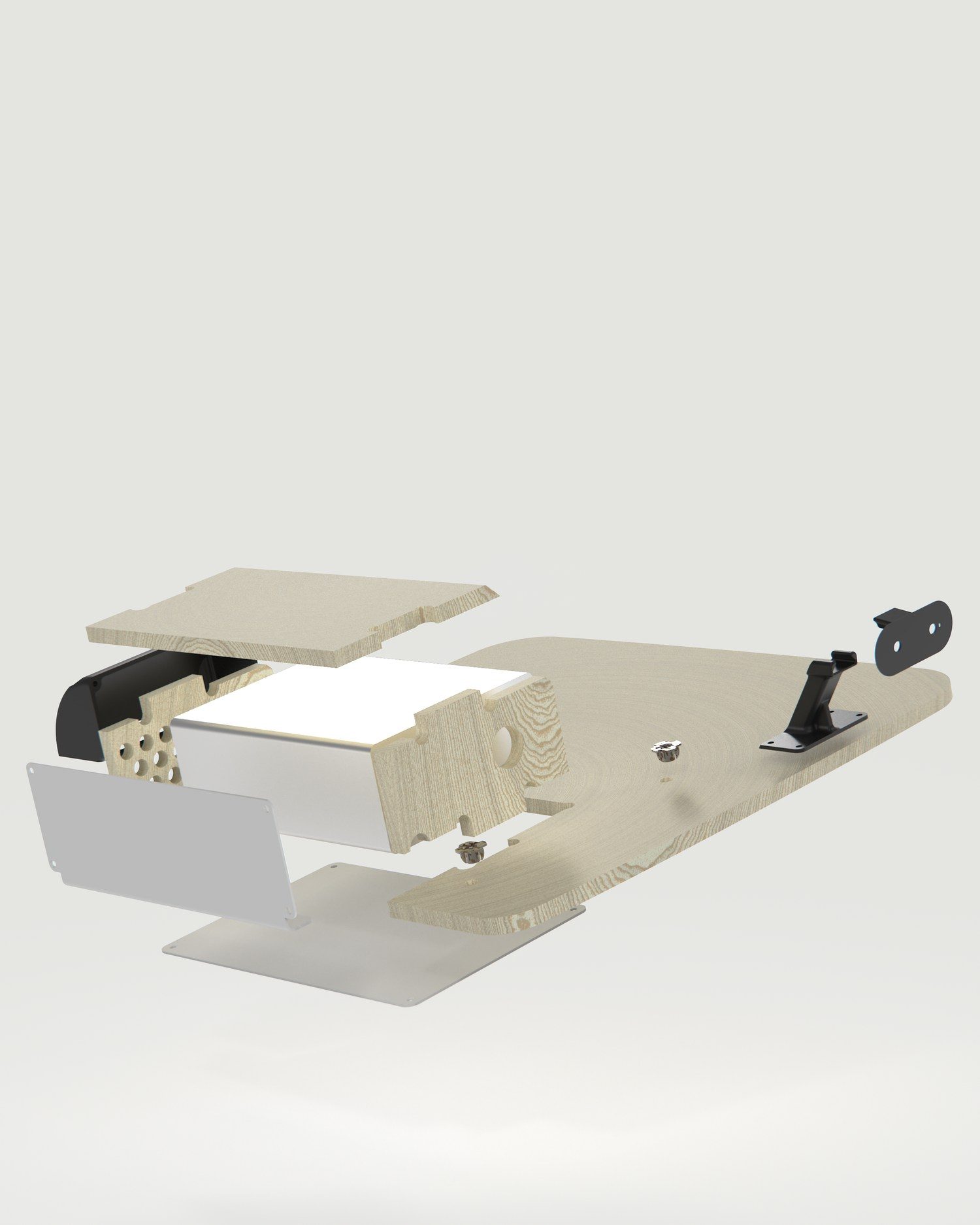 Exploded view of the seat base with the amplifier and power supply enclosure