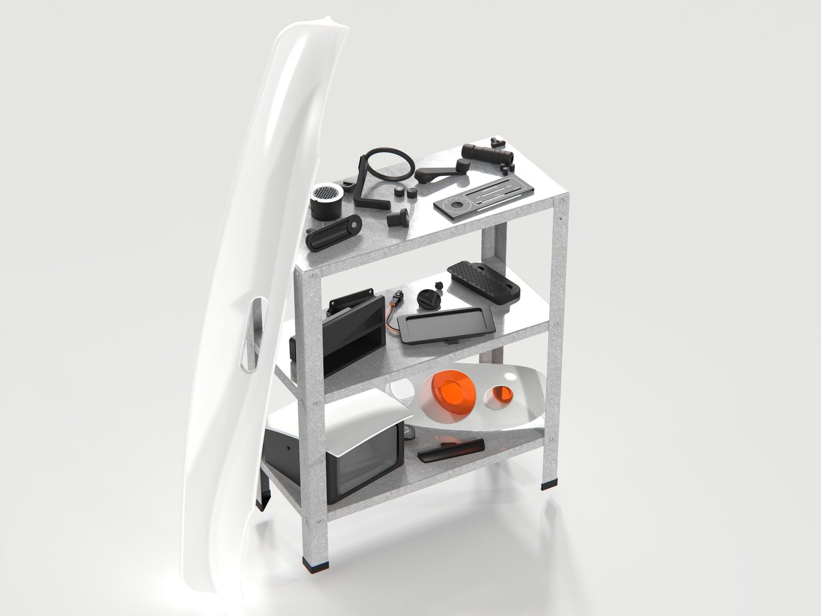 Miata components designed and manufactured by Lukas Gill, arranged on a galvanised rack