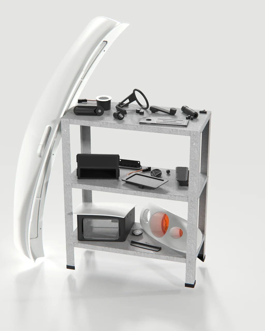 The designed Miata parts arranged on a galvanised rack, with the door panel alongside