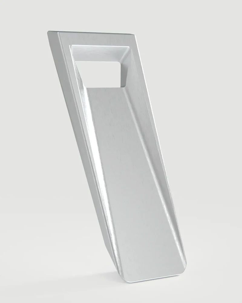 Cast aluminum bottle opener, three-quarter view