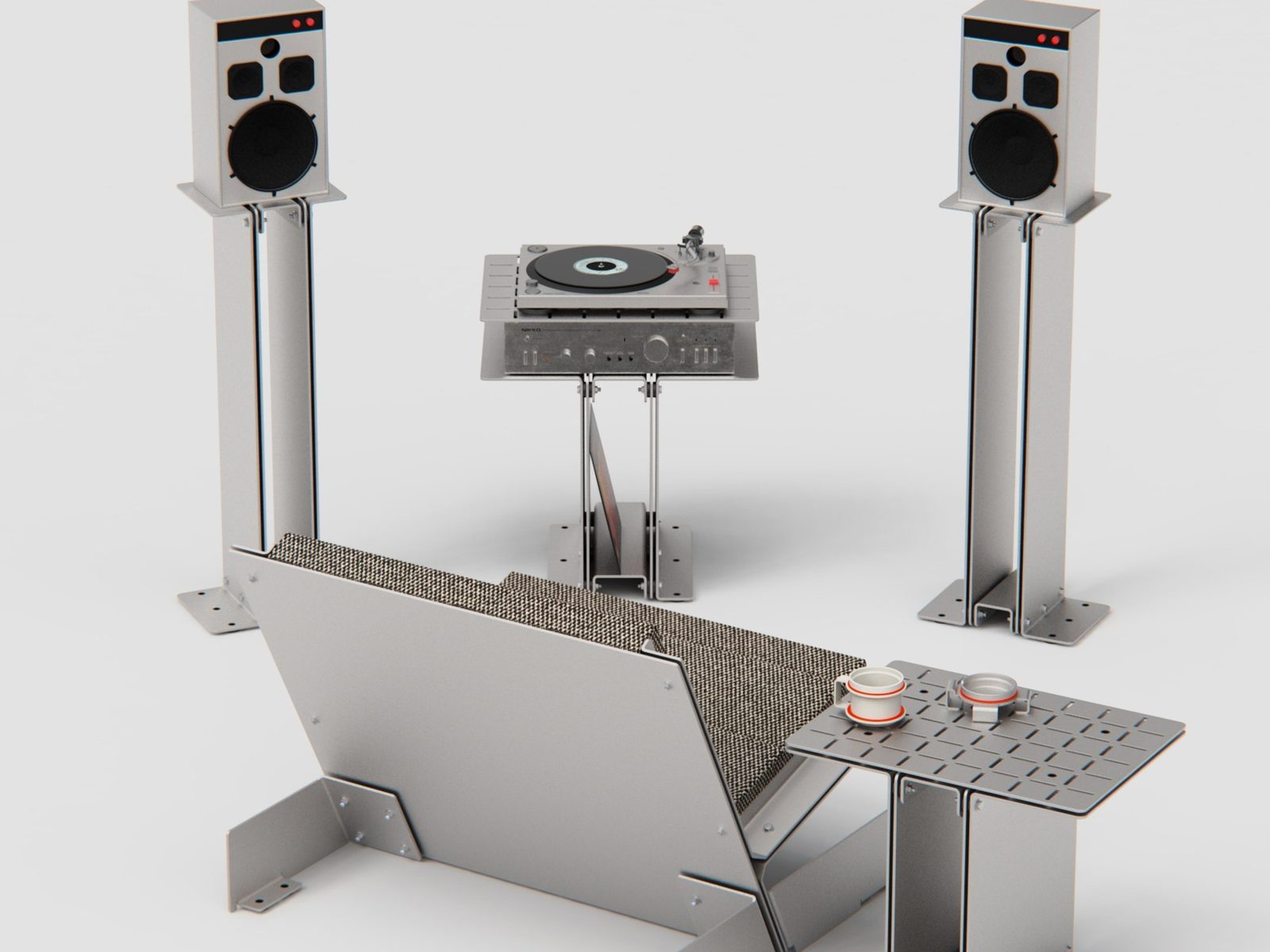 Standard Equipment audio system: turntable console, two speaker stands and a low table, all in folded aluminum