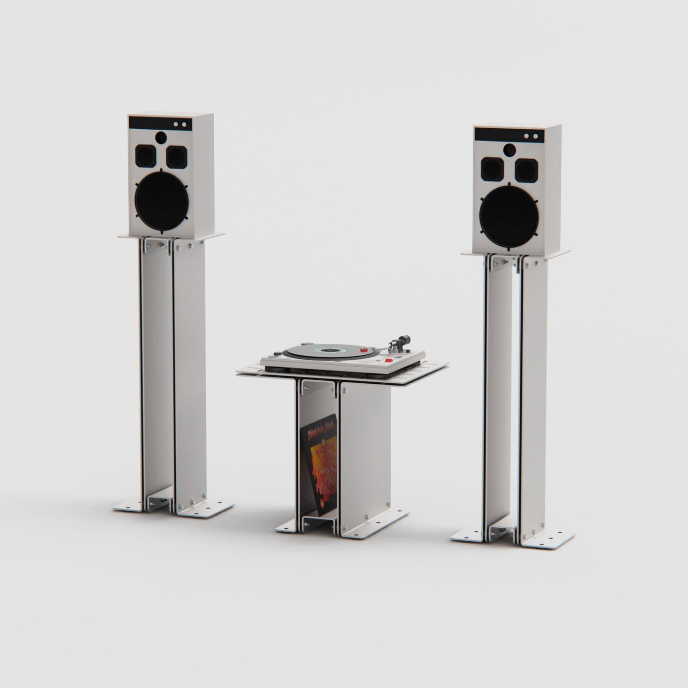 Turntable console flanked by two speaker stands