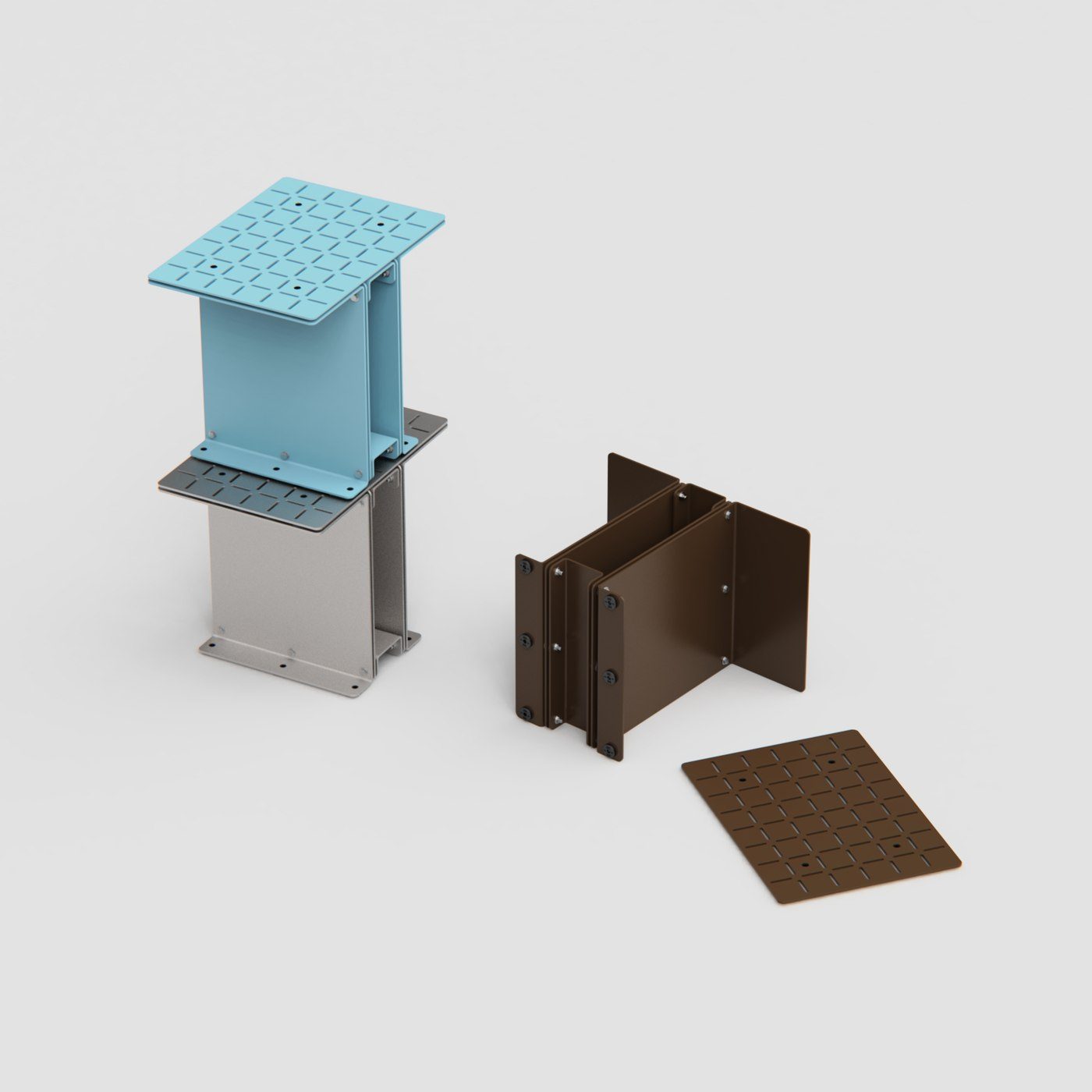 Material and colour study with a perforated blue top and brown panels