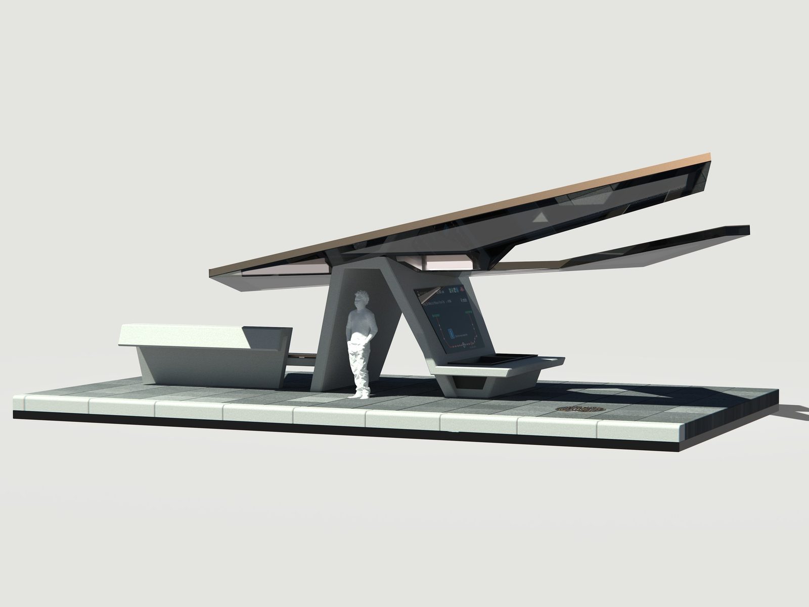 Bus shelter render, canopy and bench on a paved base